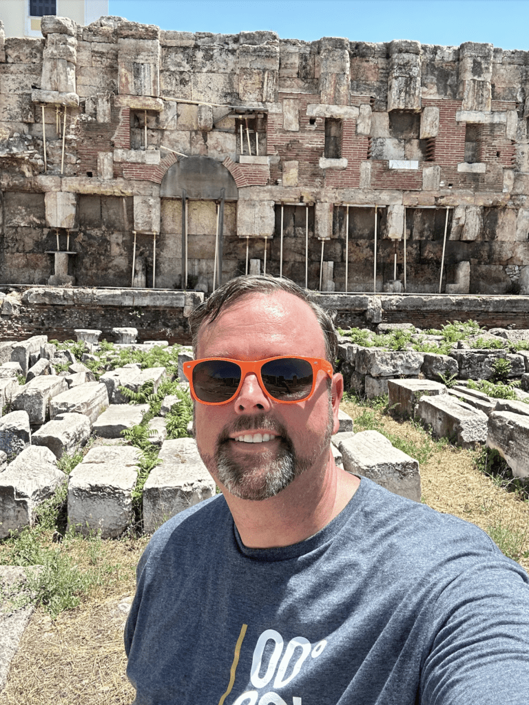 Bishop touring ancient ruins in Athens, Greece